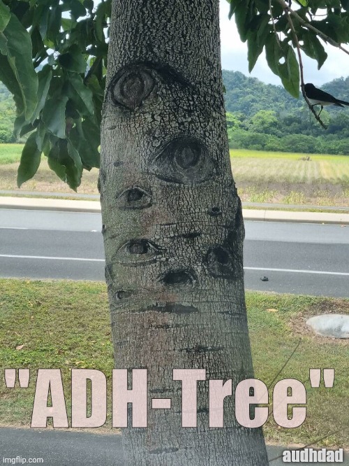 ADH-Tree | "ADH-Tree"; audhdad | image tagged in tree with eyes,memes,adhd,audhd,tree,eyes | made w/ Imgflip meme maker