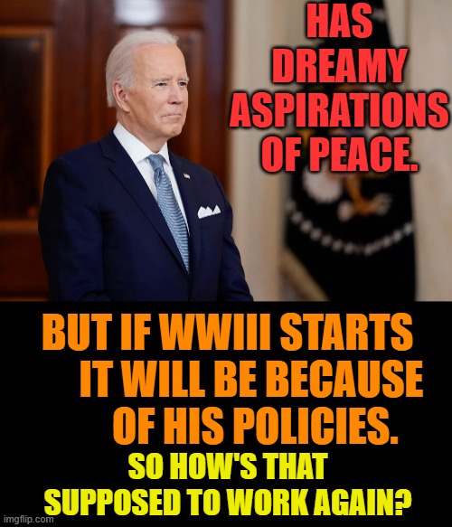Joe Biden | HAS DREAMY ASPIRATIONS OF PEACE. BUT IF WWIII STARTS       IT WILL BE BECAUSE        OF HIS POLICIES. SO HOW'S THAT SUPPOSED TO WORK AGAIN? | image tagged in memes,politics,joe biden,peace,wwiii,policy | made w/ Imgflip meme maker