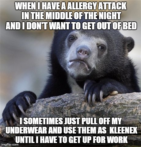 Confession Bear Meme | WHEN I HAVE A ALLERGY ATTACK IN THE MIDDLE OF THE NIGHT AND I DON'T WANT TO GET OUT OF BED I SOMETIMES JUST PULL OFF MY UNDERWEAR AND USE TH | image tagged in memes,confession bear,AdviceAnimals | made w/ Imgflip meme maker