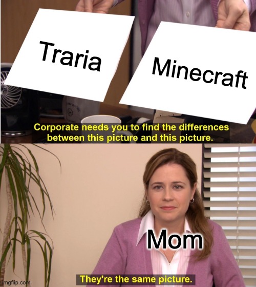 They're The Same Picture Meme | Traria; Minecraft; Mom | image tagged in memes,they're the same picture | made w/ Imgflip meme maker