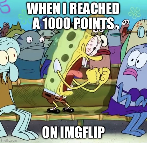 Spongebob Yelling | WHEN I REACHED A 1000 POINTS; ON IMGFLIP | image tagged in spongebob yelling | made w/ Imgflip meme maker