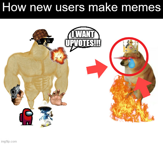 Not upvote begging, lol | How new users make memes; I WANT UPVOTES!!! | image tagged in memes,buff doge vs cheems,new users,upvote begging | made w/ Imgflip meme maker