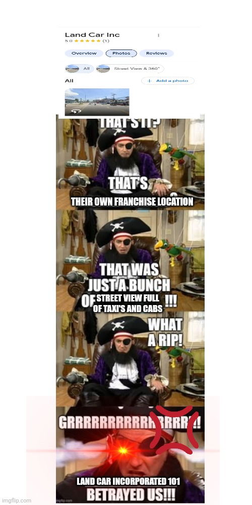 Patchy The pirate searches the Land Car Incorporated | THEIR OWN FRANCHISE LOCATION; STREET VIEW FULL OF TAXI'S AND CABS; LAND CAR INCORPORATED 101 | image tagged in memes | made w/ Imgflip meme maker
