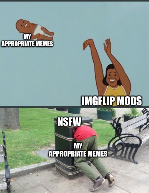 why are they like this? | MY APPROPRIATE MEMES; IMGFLIP MODS; NSFW; MY APPROPRIATE MEMES | image tagged in baby yeet,guy in trash can,not-nsfw | made w/ Imgflip meme maker