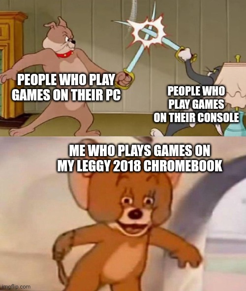 Yes I am aware I spelt Laggy wrong | PEOPLE WHO PLAY GAMES ON THEIR PC; PEOPLE WHO PLAY GAMES ON THEIR CONSOLE; ME WHO PLAYS GAMES ON MY LEGGY 2018 CHROMEBOOK | image tagged in tom and jerry swordfight,chromebook,video games,games | made w/ Imgflip meme maker