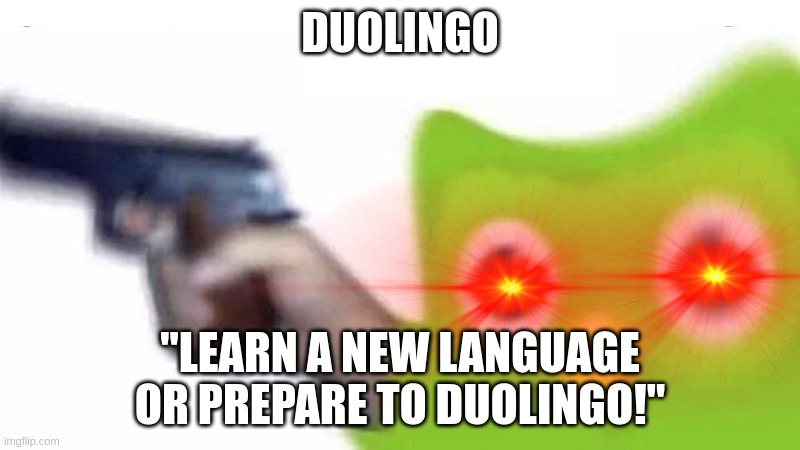 oh my turn | DUOLINGO; "LEARN A NEW LANGUAGE OR PREPARE TO DUOLINGO!" | image tagged in duolingo gun | made w/ Imgflip meme maker