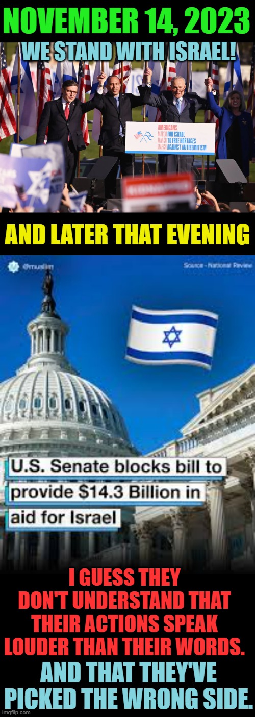 Huh? | NOVEMBER 14, 2023; WE STAND WITH ISRAEL! AND LATER THAT EVENING; I GUESS THEY DON'T UNDERSTAND THAT THEIR ACTIONS SPEAK LOUDER THAN THEIR WORDS. AND THAT THEY'VE PICKED THE WRONG SIDE. | image tagged in memes,politics,democrats,israel,no,help | made w/ Imgflip meme maker