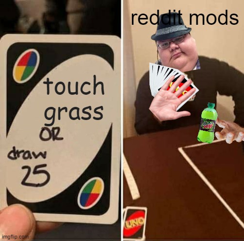 reddit mods | reddit mods; touch grass | image tagged in memes,uno draw 25 cards,reddit,goofy memes,bruh,what the hell | made w/ Imgflip meme maker