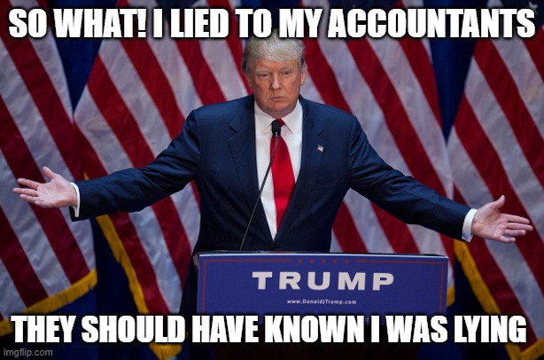 the trump defense... everyone knows i lie about everything | SO WHAT! I LIED TO MY ACCOUNTANTS; THEY SHOULD HAVE KNOWN I WAS LYING | image tagged in donald trump | made w/ Imgflip meme maker