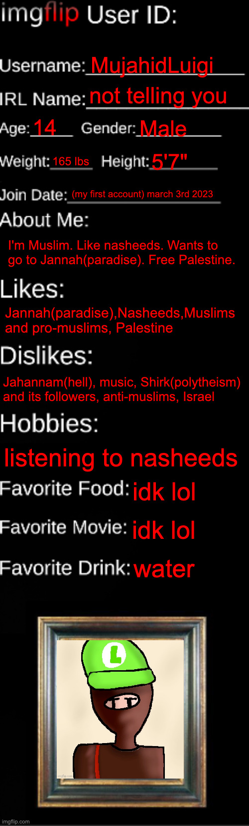 honestly | MujahidLuigi; not telling you; 14; Male; 165 lbs; 5'7"; (my first account) march 3rd 2023; I'm Muslim. Like nasheeds. Wants to go to Jannah(paradise). Free Palestine. Jannah(paradise),Nasheeds,Muslims and pro-muslims, Palestine; Jahannam(hell), music, Shirk(polytheism) and its followers, anti-muslims, Israel; listening to nasheeds; idk lol; idk lol; water | image tagged in imgflip id card | made w/ Imgflip meme maker