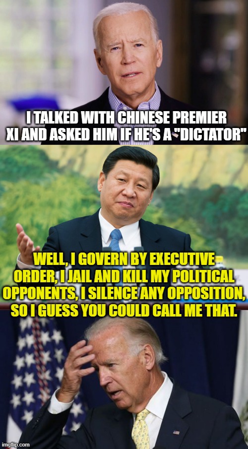 I TALKED WITH CHINESE PREMIER XI AND ASKED HIM IF HE'S A "DICTATOR"; WELL, I GOVERN BY EXECUTIVE ORDER, I JAIL AND KILL MY POLITICAL OPPONENTS, I SILENCE ANY OPPOSITION, SO I GUESS YOU COULD CALL ME THAT. | image tagged in joe biden 2020,xi jinping,joe biden worries | made w/ Imgflip meme maker