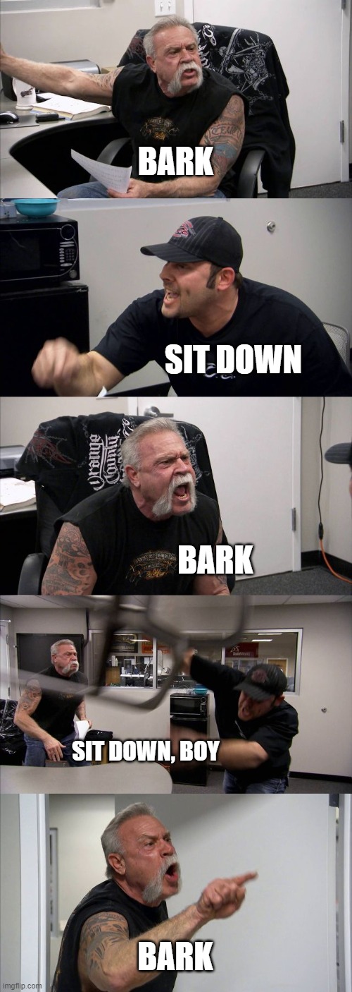 What da dog doin? | BARK; SIT DOWN; BARK; SIT DOWN, BOY; BARK | image tagged in memes,american chopper argument | made w/ Imgflip meme maker