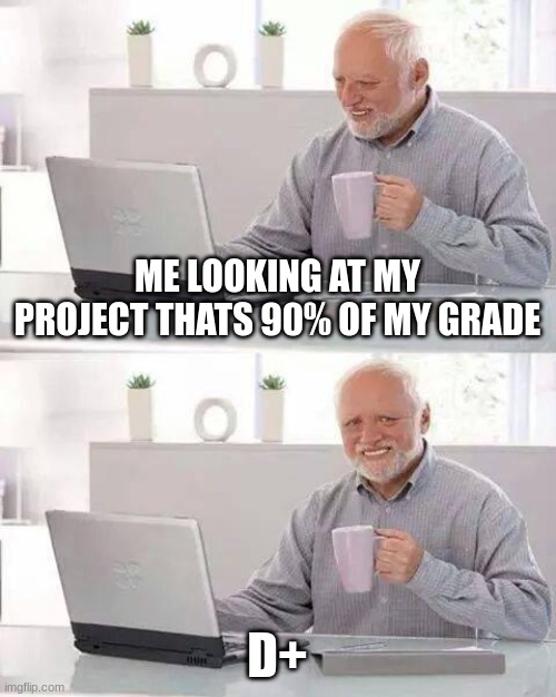 me after working on a project all night | ME LOOKING AT MY PROJECT THATS 90% OF MY GRADE; D+ | image tagged in memes,hide the pain harold | made w/ Imgflip meme maker