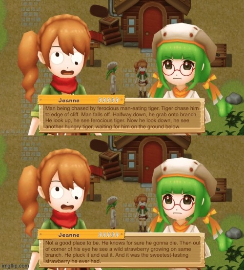 Jeanne tells a story | image tagged in harvest moon,harvestmoon | made w/ Imgflip meme maker
