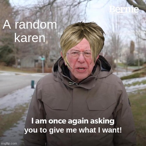 This is... Every Karen Ever! | A random karen; you to give me what I want! | image tagged in memes,bernie i am once again asking for your support | made w/ Imgflip meme maker