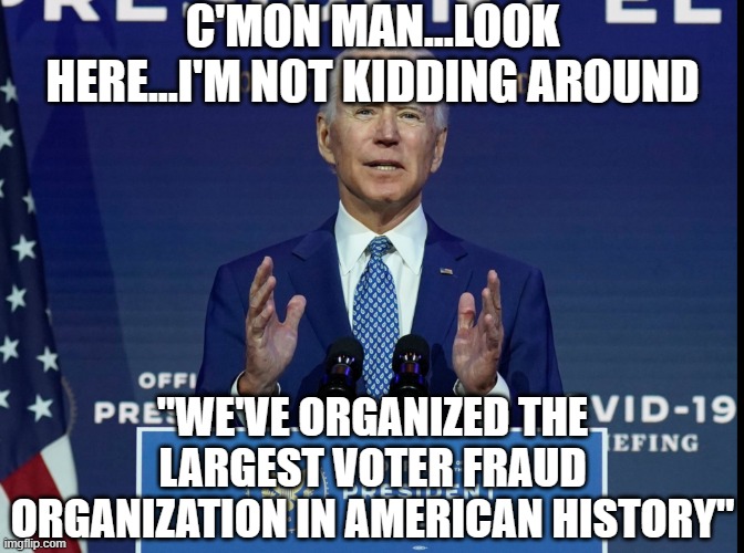 Voter Fraud | C'MON MAN...LOOK HERE...I'M NOT KIDDING AROUND "WE'VE ORGANIZED THE LARGEST VOTER FRAUD ORGANIZATION IN AMERICAN HISTORY" | image tagged in voter fraud | made w/ Imgflip meme maker