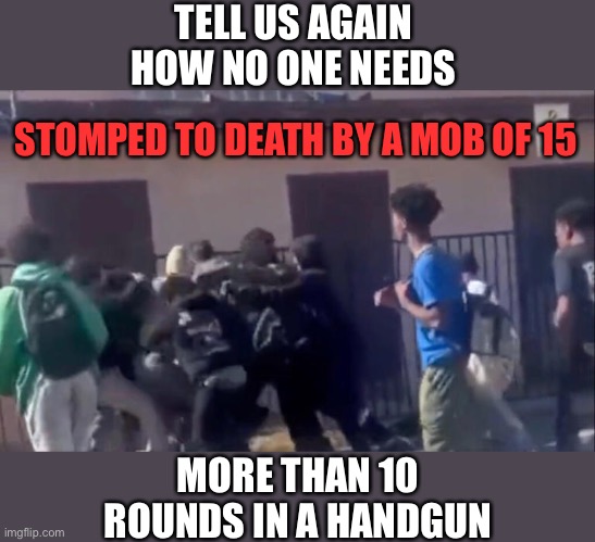 With all due respect to Jonathon Lewis and family. | TELL US AGAIN HOW NO ONE NEEDS; STOMPED TO DEATH BY A MOB OF 15; MORE THAN 10 ROUNDS IN A HANDGUN | image tagged in stomped,mob of 15,handgun,10 rounds | made w/ Imgflip meme maker