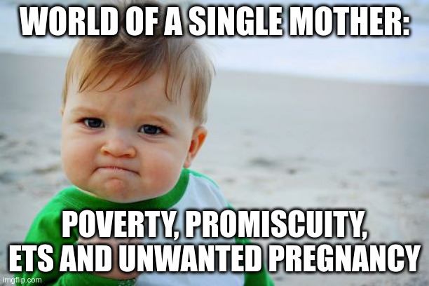 ETS | WORLD OF A SINGLE MOTHER:; POVERTY, PROMISCUITY, ETS AND UNWANTED PREGNANCY | image tagged in memes,success kid original | made w/ Imgflip meme maker