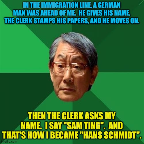 How Mr. Ting became Mr. Schmidt | IN THE IMMIGRATION LINE, A GERMAN MAN WAS AHEAD OF ME.  HE GIVES HIS NAME, THE CLERK STAMPS HIS PAPERS, AND HE MOVES ON. THEN THE CLERK ASKS MY NAME.  I SAY "SAM TING".  AND THAT'S HOW I BECAME "HANS SCHMIDT". | image tagged in memes,high expectations asian father | made w/ Imgflip meme maker