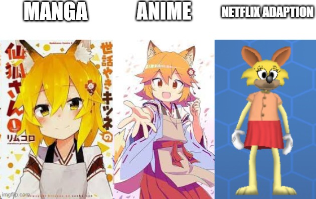 ITS RUINED | MANGA; ANIME; NETFLIX ADAPTION | image tagged in manga anime netflix adaption,senko | made w/ Imgflip meme maker