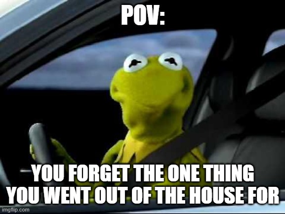 Are you serious right now | POV:; YOU FORGET THE ONE THING YOU WENT OUT OF THE HOUSE FOR | image tagged in kermit car,kermit the frog | made w/ Imgflip meme maker