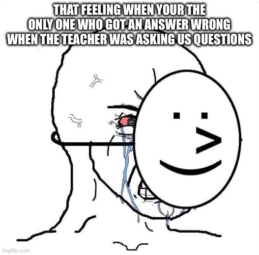 ;( | THAT FEELING WHEN YOUR THE ONLY ONE WHO GOT AN ANSWER WRONG WHEN THE TEACHER WAS ASKING US QUESTIONS | image tagged in dying inside | made w/ Imgflip meme maker