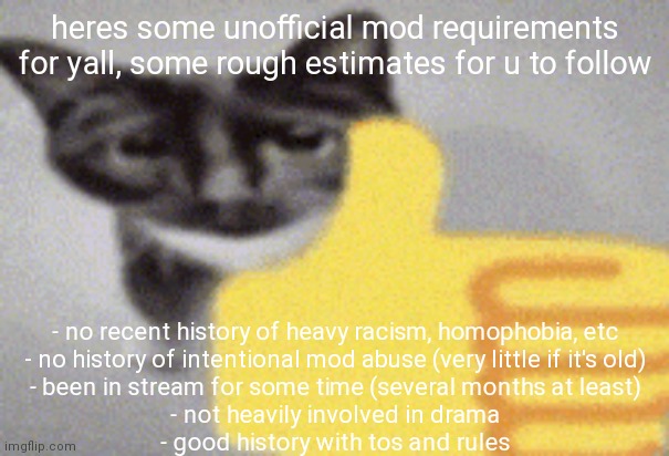 thumbs up cat | heres some unofficial mod requirements for yall, some rough estimates for u to follow; - no recent history of heavy racism, homophobia, etc
- no history of intentional mod abuse (very little if it's old)
- been in stream for some time (several months at least)
- not heavily involved in drama
- good history with tos and rules | image tagged in thumbs up cat | made w/ Imgflip meme maker