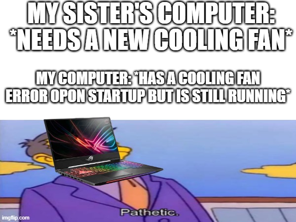 And it's a gaming laptop... | MY SISTER'S COMPUTER: *NEEDS A NEW COOLING FAN*; MY COMPUTER: *HAS A COOLING FAN ERROR OPON STARTUP BUT IS STILL RUNNING* | image tagged in skinner pathetic | made w/ Imgflip meme maker
