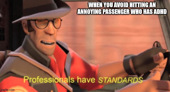 BUS DRIVERS BE LIKE | WHEN YOU AVOID HITTING AN ANNOYING PASSENGER WHO HAS ADHD | image tagged in professionals have standards | made w/ Imgflip meme maker