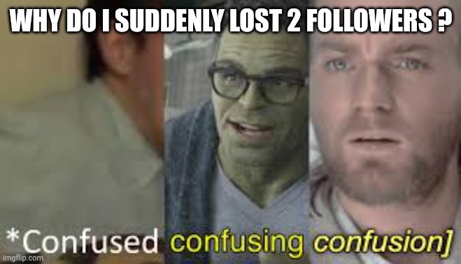 Confused confusing confusion | WHY DO I SUDDENLY LOST 2 FOLLOWERS ? | image tagged in confused confusing confusion | made w/ Imgflip meme maker