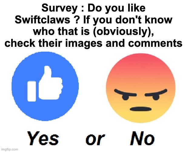 Survey | Survey : Do you like Swiftclaws ? If you don't know who that is (obviously), check their images and comments | image tagged in survey | made w/ Imgflip meme maker
