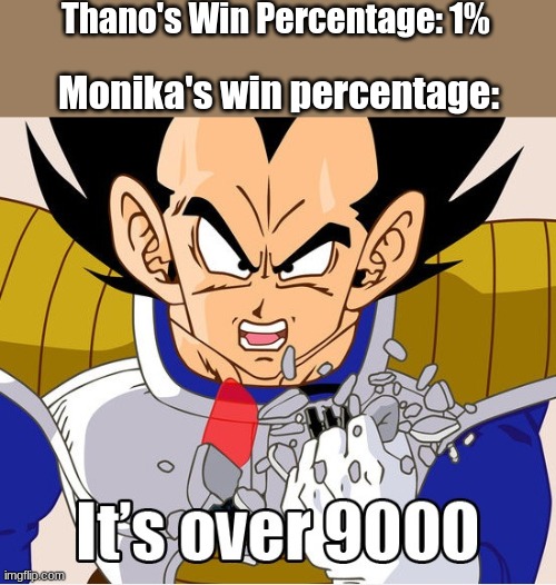 It's over 9000! (Dragon Ball Z) (Newer Animation) | Thano's Win Percentage: 1% Monika's win percentage: | image tagged in it's over 9000 dragon ball z newer animation | made w/ Imgflip meme maker