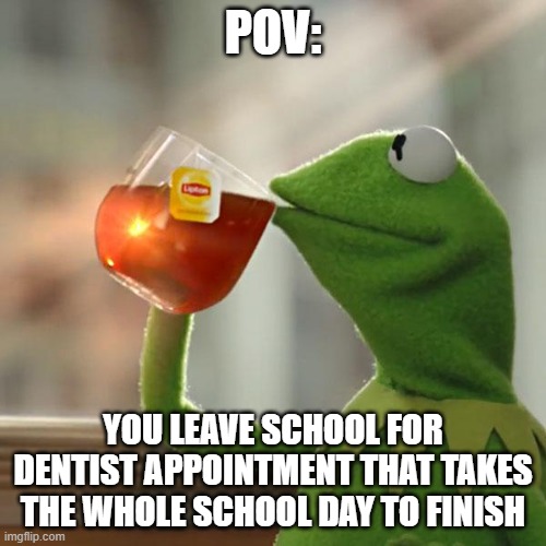 But That's None Of My Business | POV:; YOU LEAVE SCHOOL FOR DENTIST APPOINTMENT THAT TAKES THE WHOLE SCHOOL DAY TO FINISH | image tagged in memes,but that's none of my business,kermit the frog | made w/ Imgflip meme maker