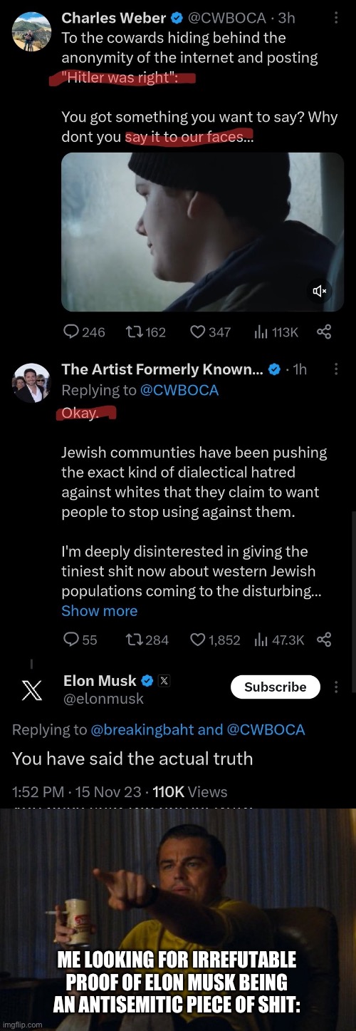 Since the people of this stream suddenly care very deeply about antisemitism, does that mean we should bomb Elon next? | ME LOOKING FOR IRREFUTABLE PROOF OF ELON MUSK BEING AN ANTISEMITIC PIECE OF SHIT: | image tagged in wolf of wall street pointing,elon musk,antisemitism,fascist,man baby,twitter | made w/ Imgflip meme maker