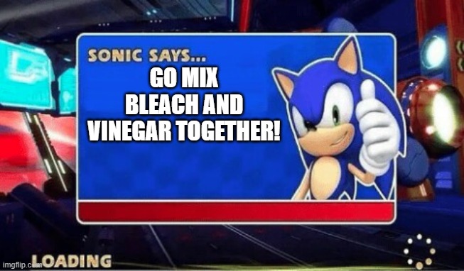 dont actualy it makes chlorine gas | GO MIX BLEACH AND VINEGAR TOGETHER! | image tagged in sonic says | made w/ Imgflip meme maker
