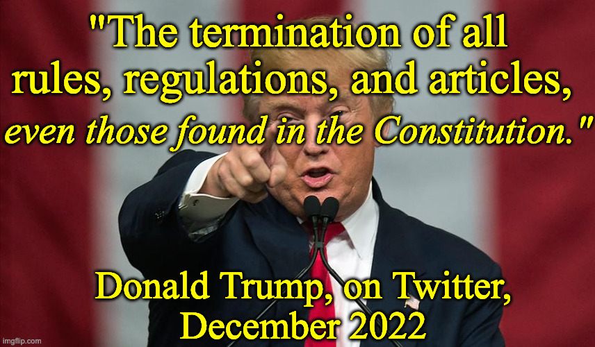 Trump on Constitution | "The termination of all rules, regulations, and articles, even those found in the Constitution."; Donald Trump, on Twitter,
December 2022 | image tagged in donald trump birthday | made w/ Imgflip meme maker
