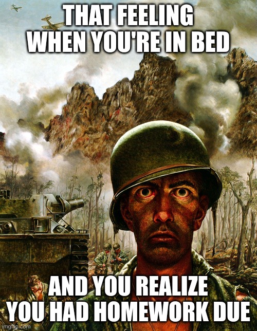 Thousand Yard Stare | THAT FEELING WHEN YOU'RE IN BED AND YOU REALIZE YOU HAD HOMEWORK DUE | image tagged in thousand yard stare | made w/ Imgflip meme maker