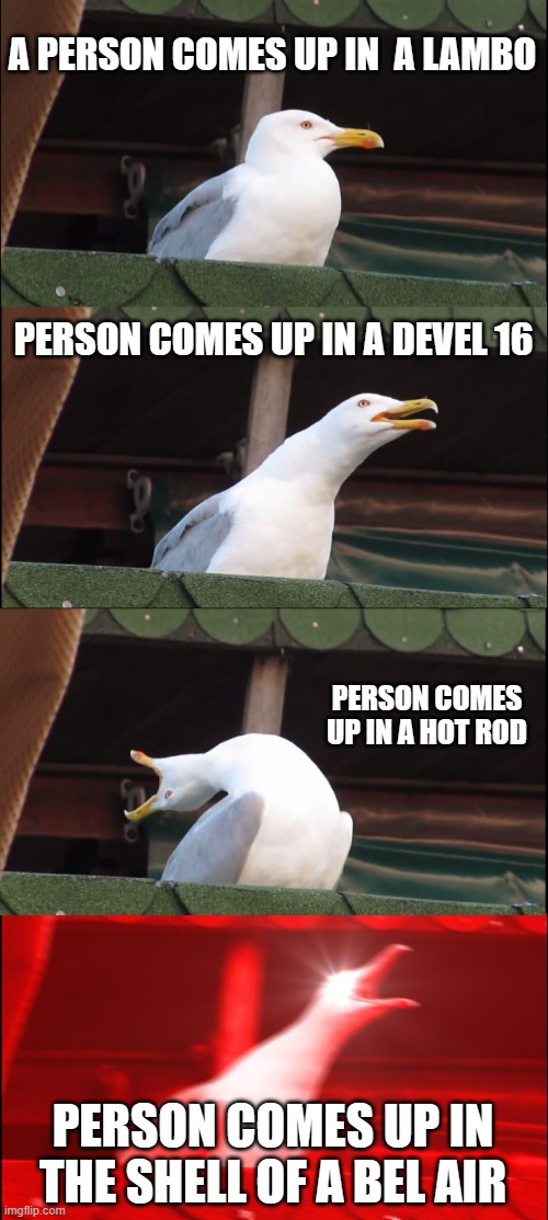 only car guys will get this | A PERSON COMES UP IN  A LAMBO; PERSON COMES UP IN A DEVEL 16; PERSON COMES UP IN A HOT ROD; PERSON COMES UP IN THE SHELL OF A BEL AIR | image tagged in memes,inhaling seagull | made w/ Imgflip meme maker