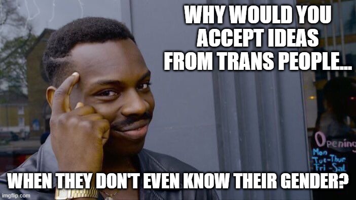 Think about this | WHY WOULD YOU ACCEPT IDEAS FROM TRANS PEOPLE... WHEN THEY DON'T EVEN KNOW THEIR GENDER? | image tagged in memes,roll safe think about it | made w/ Imgflip meme maker