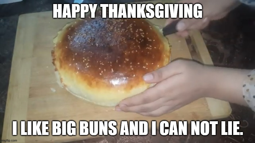 meme by Brad Thanksgiving I like big buns | HAPPY THANKSGIVING; I LIKE BIG BUNS AND I CAN NOT LIE. | image tagged in food memes | made w/ Imgflip meme maker