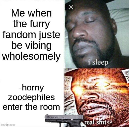 Sleeping Shaq Meme | Me when the furry fandom juste be vibing wholesomely; -horny zoodephiles enter the room | image tagged in memes,sleeping shaq,anti furry,furry,peaceful | made w/ Imgflip meme maker