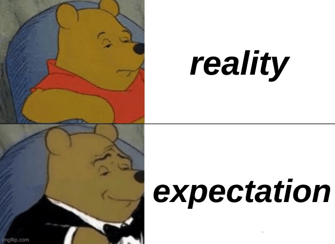 Tuxedo Winnie The Pooh Meme | reality; expectation | image tagged in memes,tuxedo winnie the pooh | made w/ Imgflip meme maker
