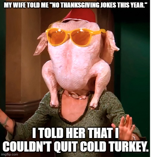 meme by Brad No Thanksgiving jokes I couldn't quit cold turkey | MY WIFE TOLD ME "NO THANKSGIVING JOKES THIS YEAR."; I TOLD HER THAT I COULDN'T QUIT COLD TURKEY. | image tagged in thanksgiving | made w/ Imgflip meme maker
