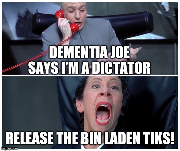He Said Xi Said | DEMENTIA JOE SAYS I’M A DICTATOR; RELEASE THE BIN LADEN TIKS! | image tagged in dr evil and frau yelling | made w/ Imgflip meme maker