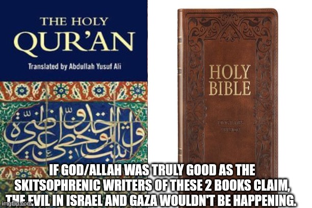 The GOOD books. Have to much evil in them to be truly good. | IF GOD/ALLAH WAS TRULY GOOD AS THE SKITSOPHRENIC WRITERS OF THESE 2 BOOKS CLAIM, THE EVIL IN ISRAEL AND GAZA WOULDN'T BE HAPPENING. | made w/ Imgflip meme maker