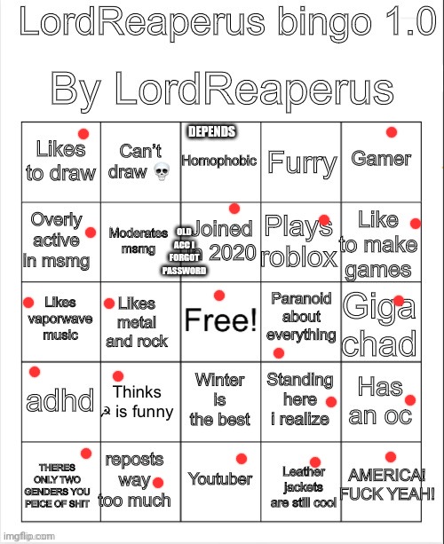 LordReaperus bingo 1.0 | DEPENDS; OLD ACC I FORGOT PASSWORD | image tagged in lordreaperus bingo 1 0 | made w/ Imgflip meme maker