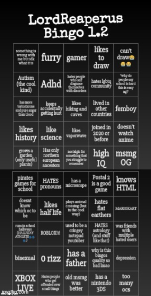 image tagged in lordreaperus bingo 1 2 | made w/ Imgflip meme maker