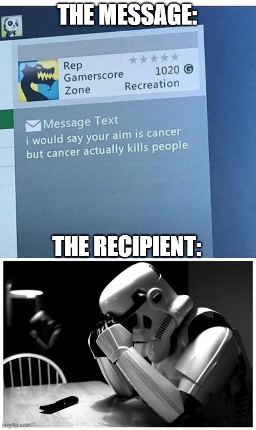 Shot Fired...Didn't Miss | THE MESSAGE:; THE RECIPIENT: | image tagged in sad storm trooper | made w/ Imgflip meme maker