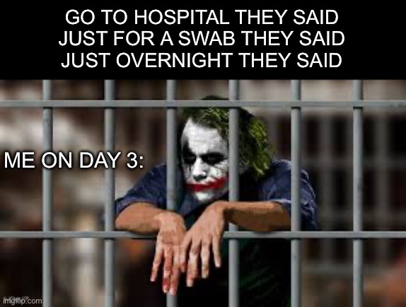 Just a swab | GO TO HOSPITAL THEY SAID
JUST FOR A SWAB THEY SAID
JUST OVERNIGHT THEY SAID; ME ON DAY 3: | image tagged in facebook jail,escape,prison escape | made w/ Imgflip meme maker