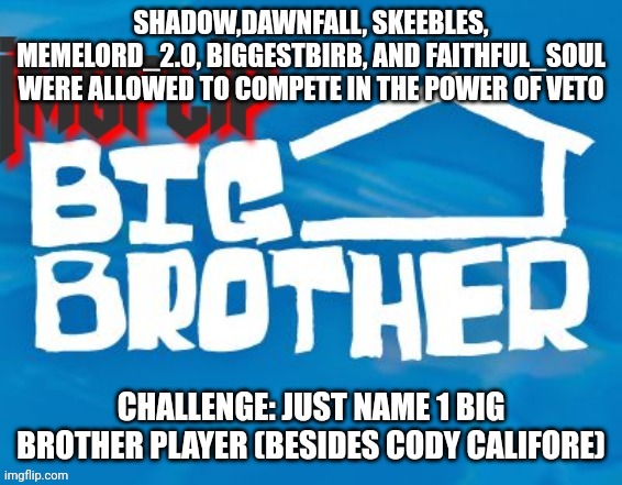 Power of Veto challenge | SHADOW,DAWNFALL, SKEEBLES, MEMELORD_2.0, BIGGESTBIRB, AND FAITHFUL_SOUL WERE ALLOWED TO COMPETE IN THE POWER OF VETO; CHALLENGE: JUST NAME 1 BIG BROTHER PLAYER (BESIDES CODY CALIFORE) | made w/ Imgflip meme maker